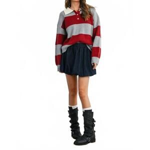 NEW BUTTERMELON buttoned striped collared long sleeve top in grey/burgundy